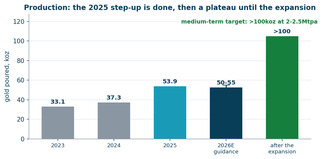 Gold poured by year, guidance and the medium-term target